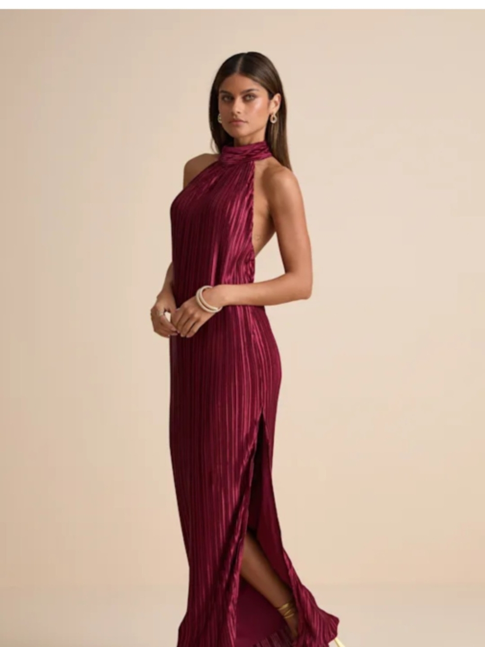 Lulu's Pleated Halter Backless Maxi Dress in Wine